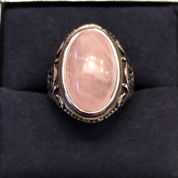 Estate 925 Jewelry - 6.00 Carat Total Weight Rose Quartz Ring 316L Stainless Steel. Size 8